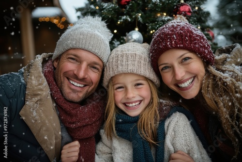 A joyful family of three, dressed in winter attire, smiles warmly as they pose in the falling snow beside a beautifully decorated Christmas tree outdoors. photo