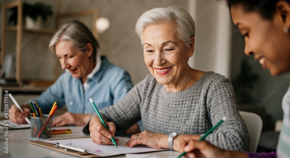 Three Women Drawing and Coloring Together Three Women Drawing and Coloring Together