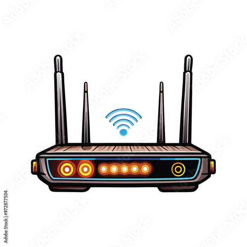 Cartoon illustration of a dual band wifi router with four antennas and a blue wifi symbol.