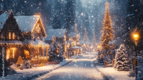 Serene Christmas village, with snow-dusted cottages and softly glowing street lamps