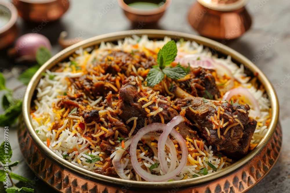 Biryani: A dish of flavorful biryani with chicken, potatoes