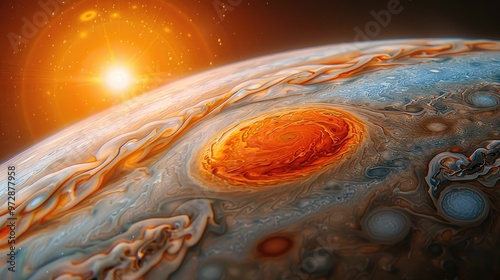 A detailed image of Jupiter showcasing its Great Red Spot and cloud band