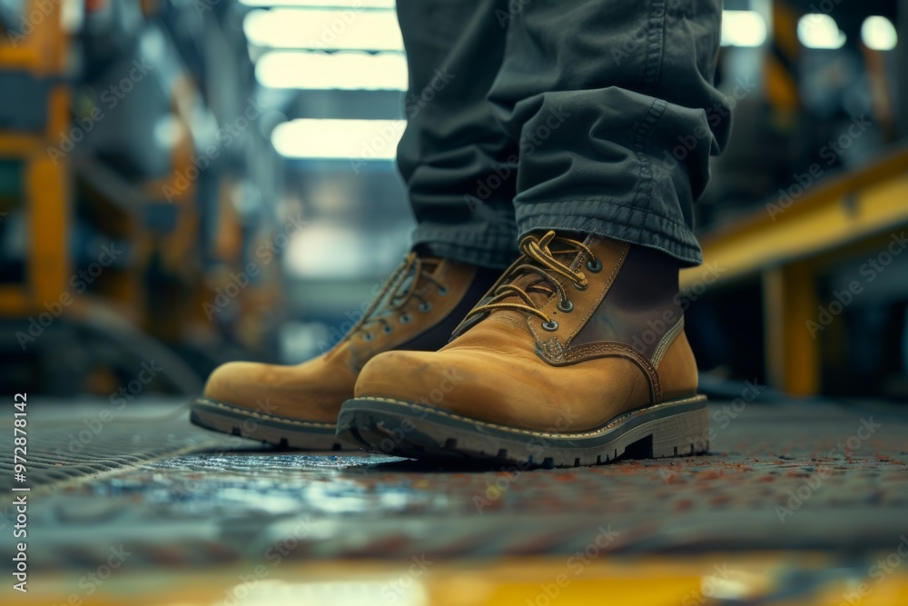 Close up of safety working shoe on worker feet standing in factory Close up of safety working shoe on worker feet standing in factory