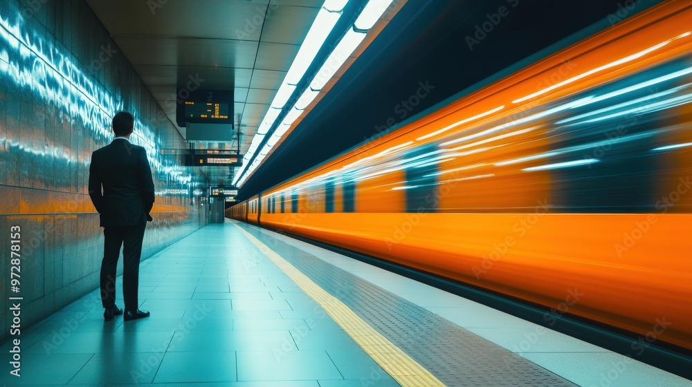 Businessman waiting on subway platform with train speeding by Businessman waiting on subway platform with train speeding by