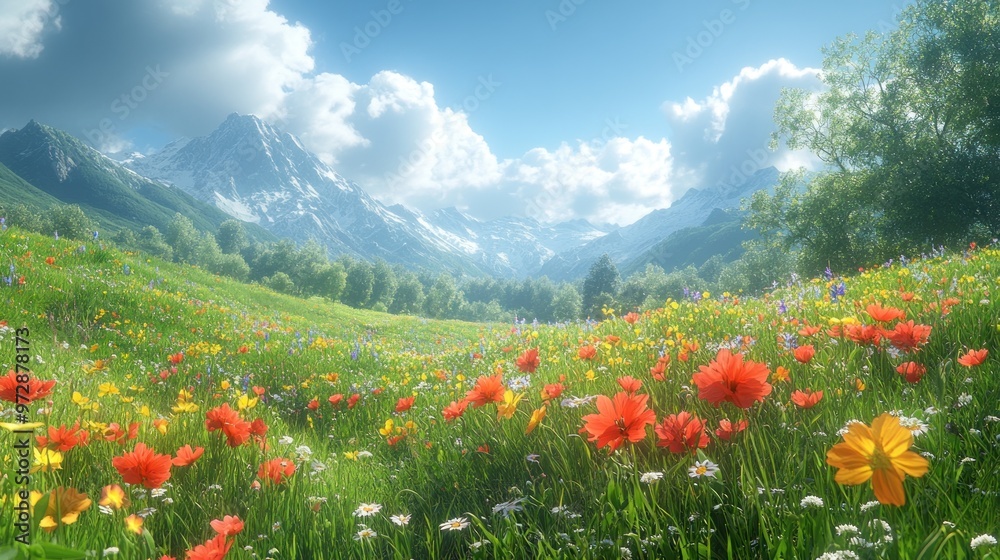 A vibrant meadow filled with colorful flowers and majestic mountains. A vibrant meadow filled with colorful flowers and majestic mountains.