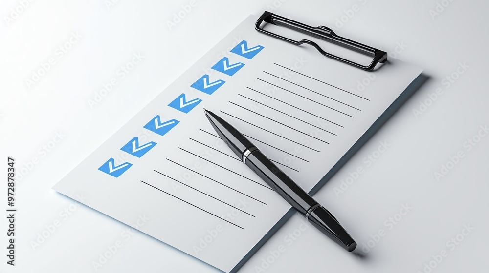 A clean checklist on paper with checkmarks, accompanied by a pen and clip. Ideal for organization, planning, and productivity. A clean checklist on paper with checkmarks, accompanied by a pen and clip. Ideal for organization, planning, and productivity.