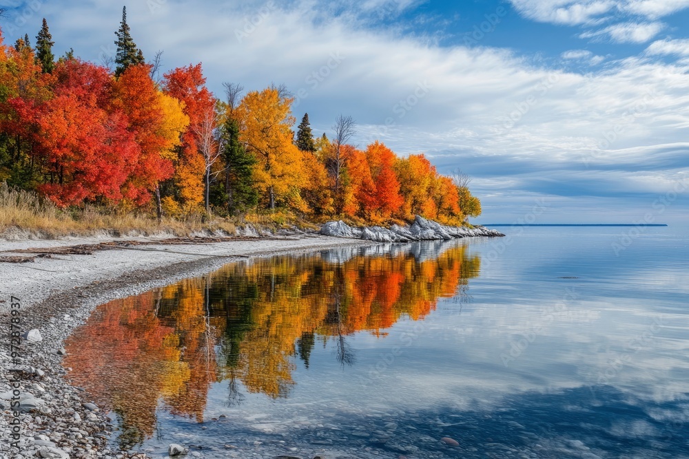Obraz premium Autumn coloured trees along the shore and reflected in the water of lake superior in the terrace bay area of ontario- ontario, canada , ai