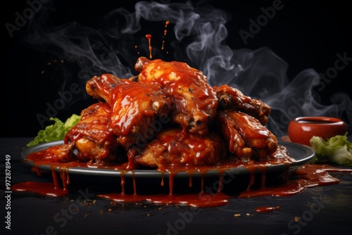 Spicy BBQ chicken wings with seasoning on slate serving board