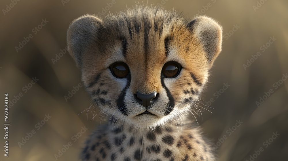 Obraz premium 26. **Realistic 3D depiction of a baby cheetah with soft spots and curious eyes
