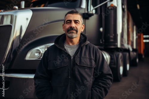 Portrait of a Hispanic middle aged body positive male truck driver