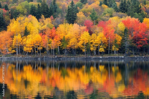 Autumn coloured trees along the shore and reflected in the water of lake superior in the terrace bay area of ontario- ontario, canada , ai