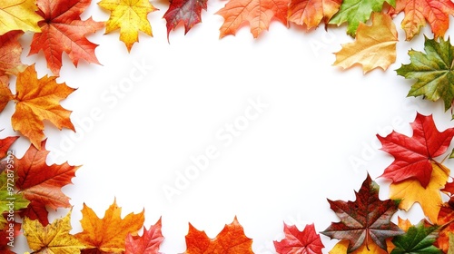 A frame of colorful fall leaves surrounding a blank background, providing a seasonal concept with ample room for text