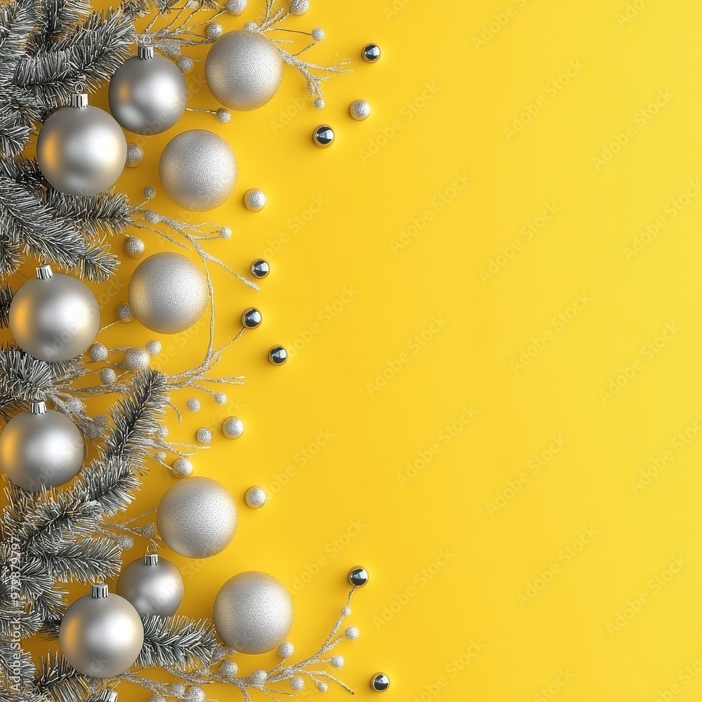 Fototapeta premium Christmas yellow background with Christmas balls and gray decorations