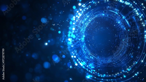 Abstract blue technology background with glowing circles and data elements, perfect for innovation or digital themes.