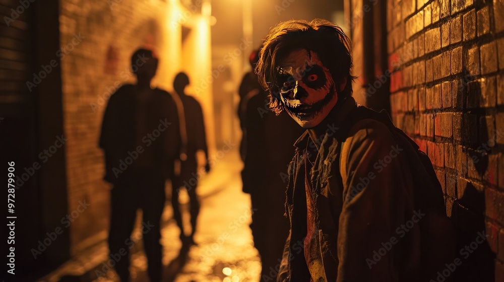 Fototapeta premium Teenagers dressed as zombies hide in the shadows of a dimly lit alley.