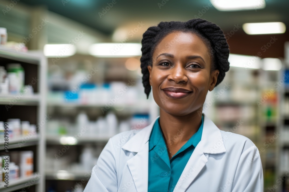 Portrait of a middle aged African American female worker in pharmacy Portrait of a middle aged African American female worker in pharmacy