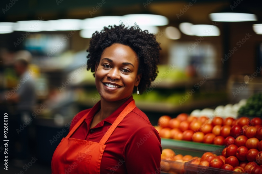 Fototapeta premium Portrait of a middle aged female worker in grocery store