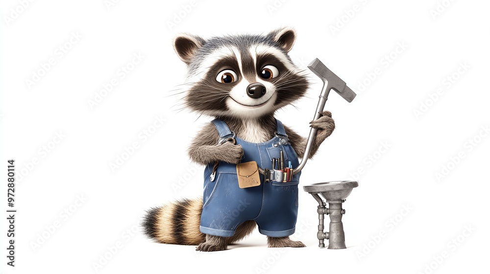 Raccoon Plumber A cute cartoon raccoon wearing overalls and a tool belt ...