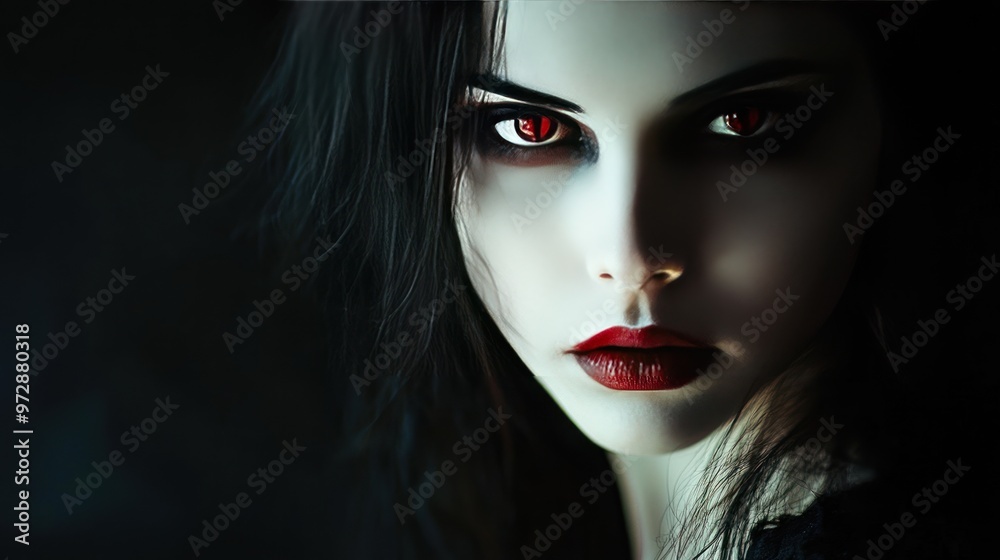 Young woman with vampire makeup, including pale skin, dark eye shadow, and blood-red lips, posing under dim lighting Young woman with vampire makeup, including pale skin, dark eye shadow, and blood-red lips, posing under dim lighting