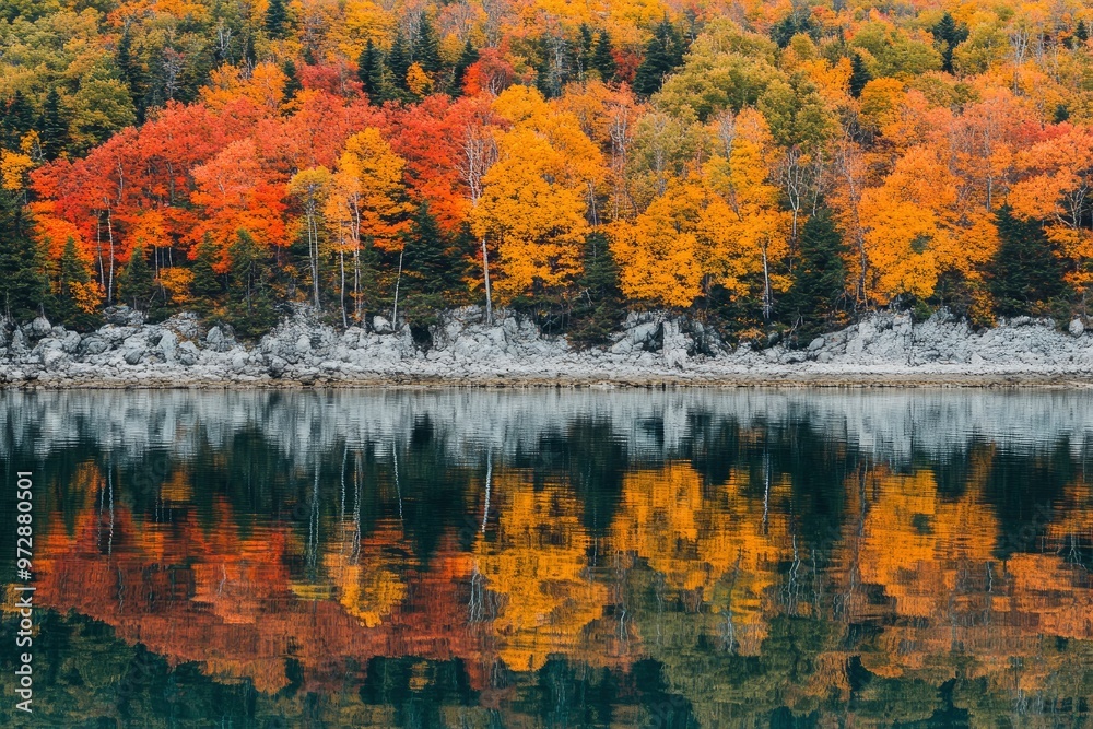 Obraz premium Autumn coloured trees along the shore and reflected in the water of lake superior in the terrace bay area of ontario- ontario, canada , ai