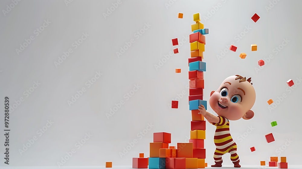 Obraz premium Cute Cartoon Baby Playing with Colorful Building Blocks