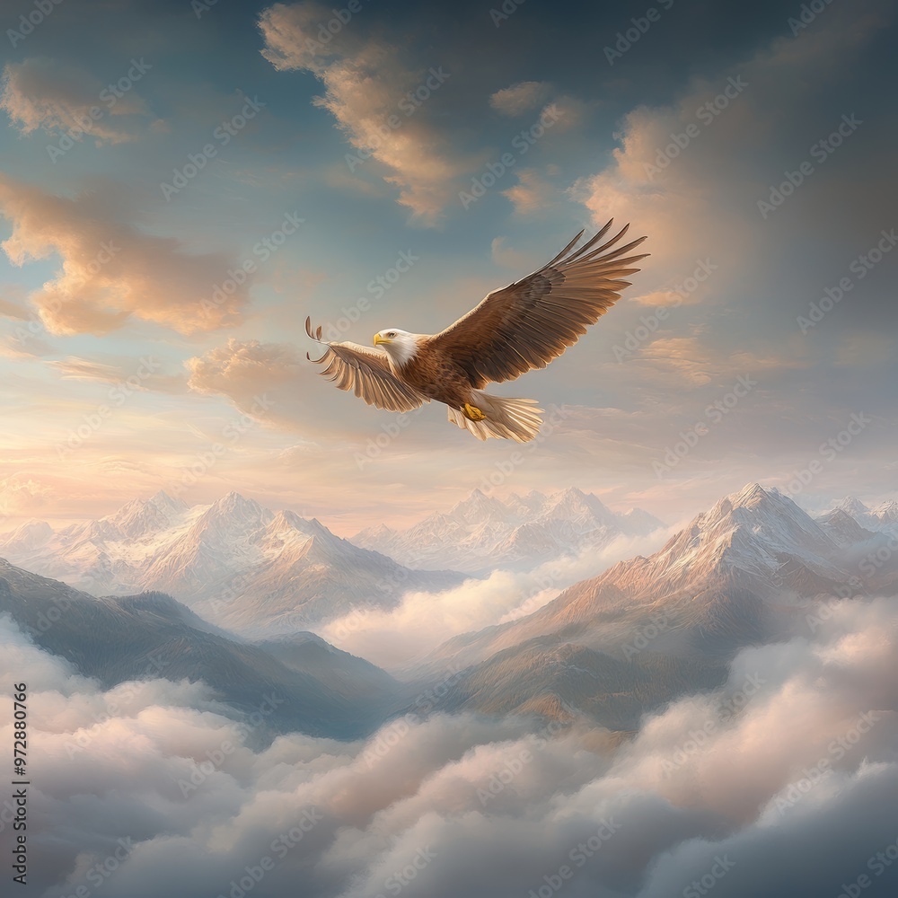 Fototapeta premium Eagle Soaring Above the Clouds in the Mountains.