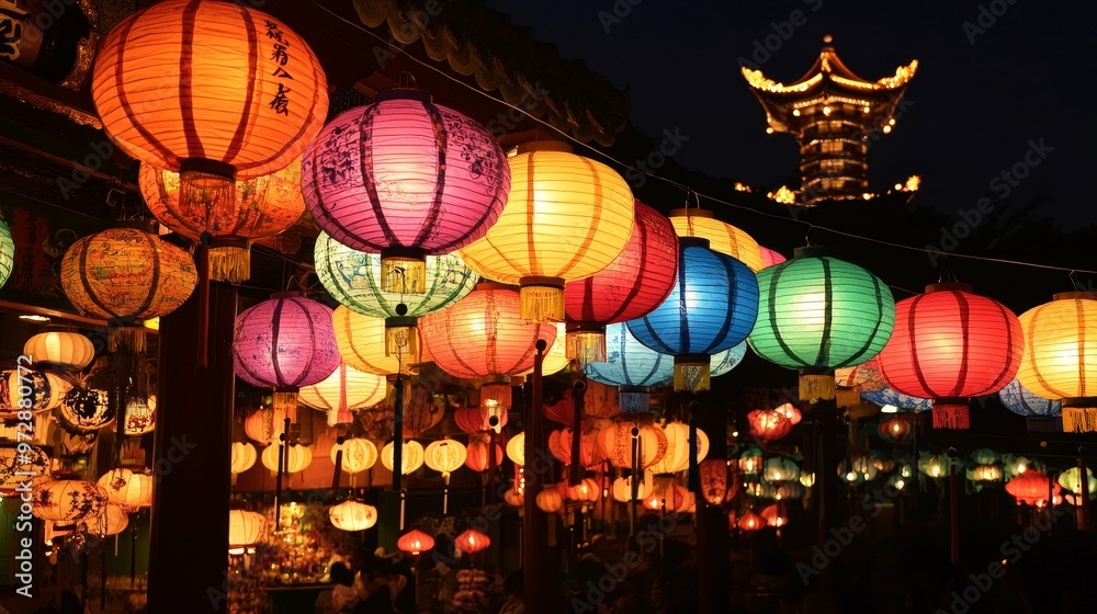 Obraz premium Vibrant Paper Lanterns at a Vegetarian Festival in East Asia Under a Festive Night Sky