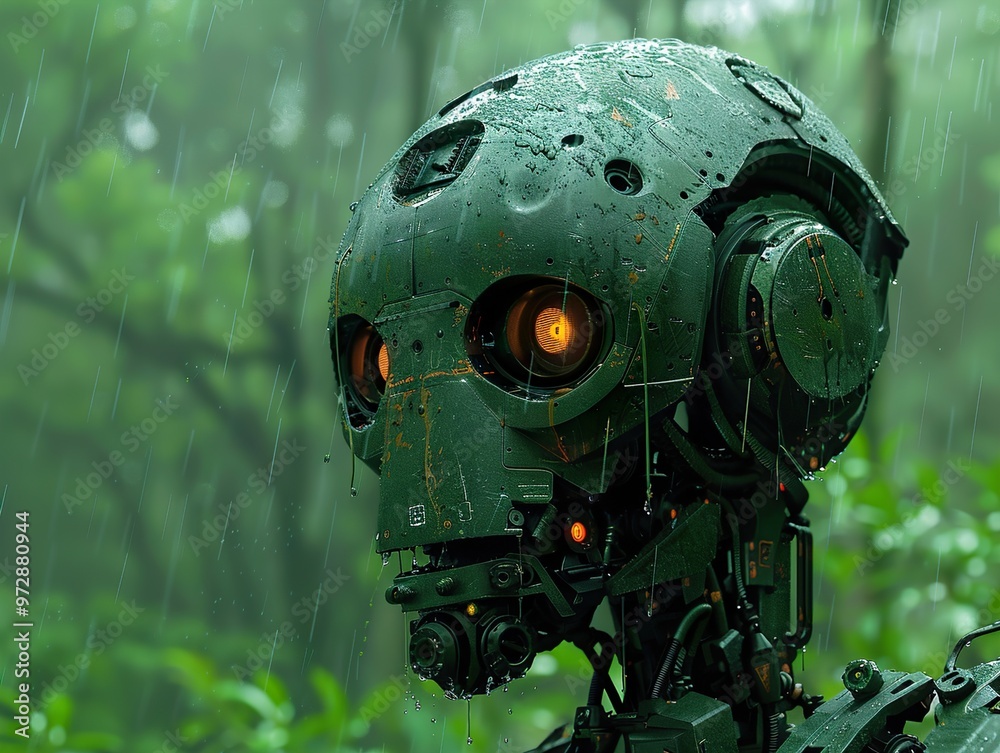 A close-up of a robotic head with orange eyes, covered in rain and standing in a lush green jungle. A close-up of a robotic head with orange eyes, covered in rain and standing in a lush green jungle.