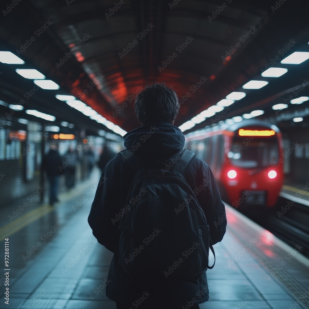 Obraz premium Businessman waiting on subway platform with train speeding by