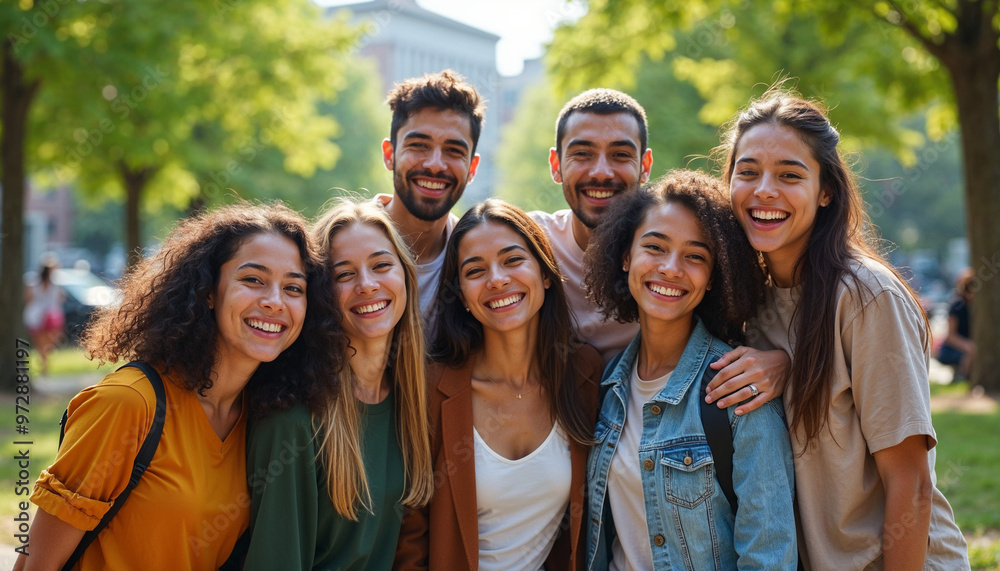 Obraz premium Vibrant portrait of international students in a park, showcasing diversity and camaraderie.
