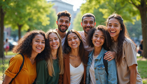 Vibrant portrait of international students in a park, showcasing diversity and camaraderie. photo