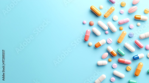 A vibrant arrangement of various pills and capsules on a light blue background, symbolizing health and wellness.