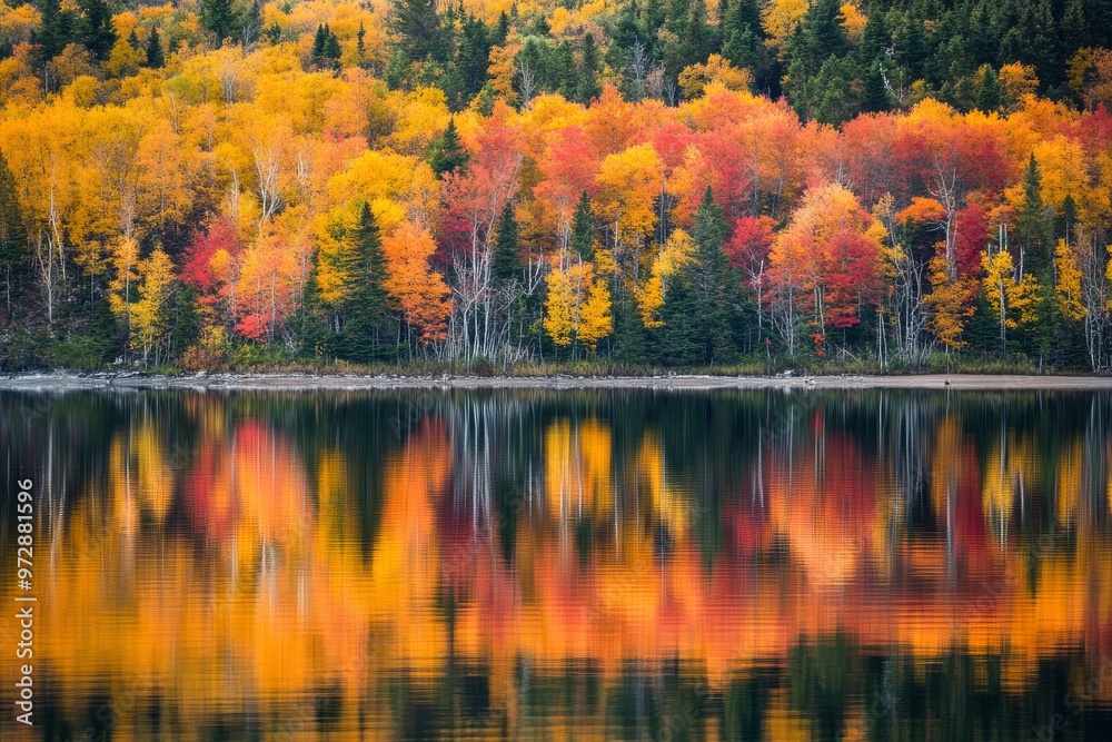 Obraz premium Autumn coloured trees along the shore and reflected in the water of lake superior in the terrace bay area of ontario- ontario, canada , ai