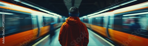 Businessman waiting on subway platform with train speeding by