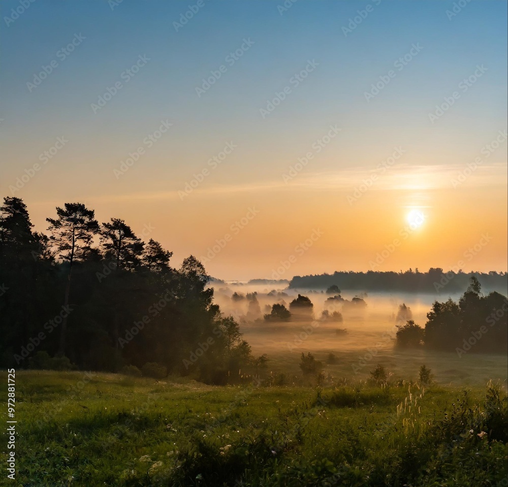 Silhouette at sunset, evening wild landscape in the forest; clear sky over green field Silhouette at sunset, evening wild landscape in the forest; clear sky over green field