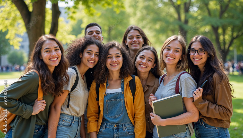 Fototapeta premium Vibrant portrait of international students in a park, showcasing diversity and camaraderie.