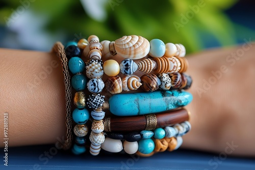 A close-up of a wrist full of stacked bohemian bracelets, including sea stones, shells, and wooden beads, creating a natural, layered look