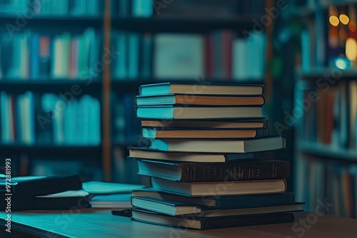 Book stack on the desk in public library , ai photo