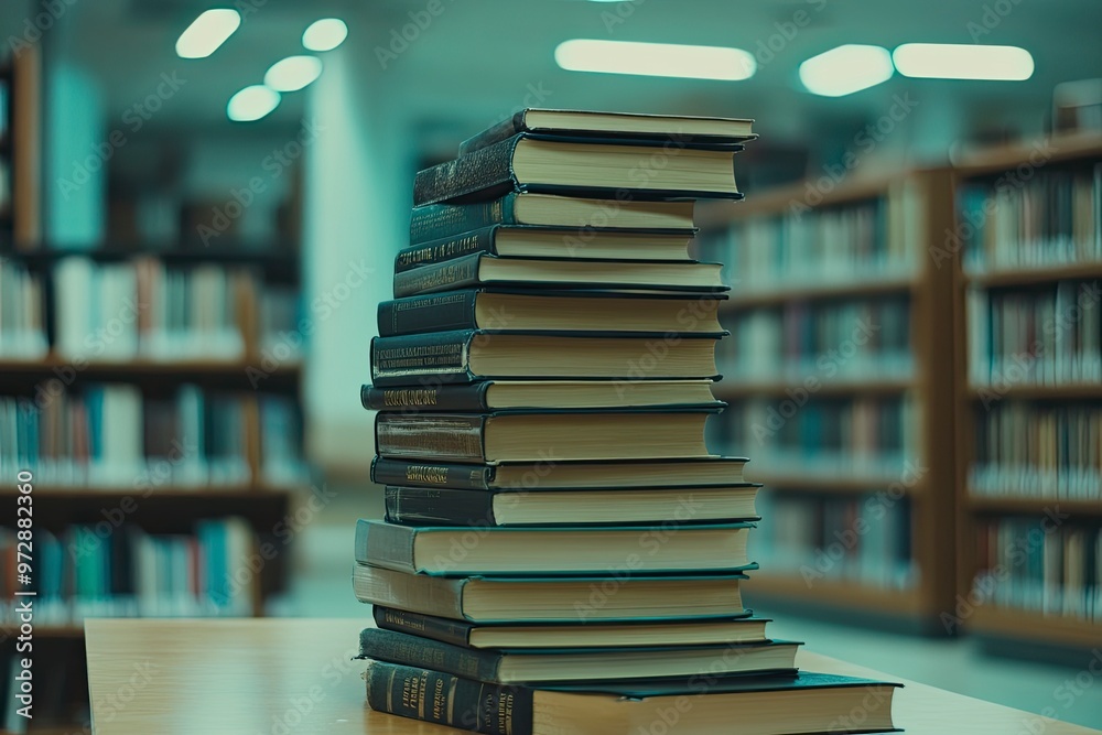 Fototapeta premium Book stack on the desk in public library , ai