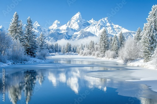 Snow-Capped Mountains Reflecting in a Frozen River photo