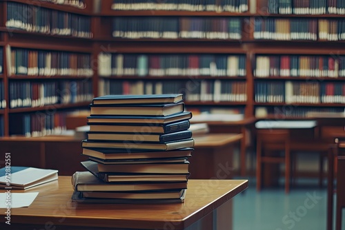 Book stack on the desk in public library , ai photo