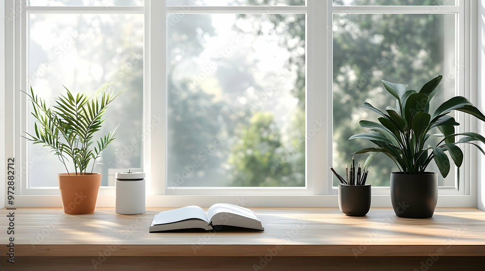 A serene workspace with plants, an open book, and a view of nature through large windows. A serene workspace with plants, an open book, and a view of nature through large windows.