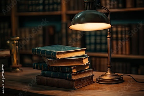 Book stack on the desk in public library , ai photo