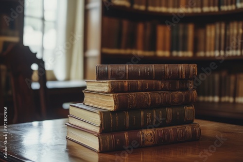 Book stack on the desk in public library , ai photo