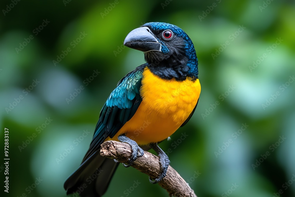 A colorful tropical bird perched on a branch, displaying its vibrant plumage in the heart of a lush rainforest