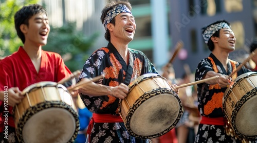 Vibrant East Asian Vegetarian Festival: Traditional Drummers' Lively Performance at Cultural Event photo
