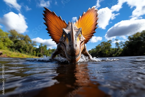 A colossal Spinosaurus emerging from a lake, its sail towering above the water as it hunts for fish with precision photo