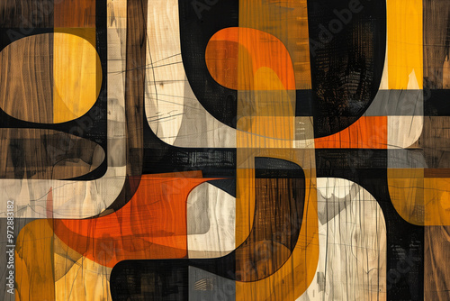 Wallpaper Mural Geometric abstract design with organic shapes in warm tones of orange, brown, and beige, layered to create a harmonious, dynamic composition with rustic textures. Torontodigital.ca