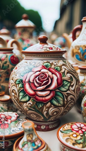 italienische Töpferware mit einem Rosenmotiv auf einem Markt in Italien photo