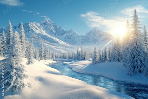 Snow-covered Mountains and a River Winding Through a Wintery Forest